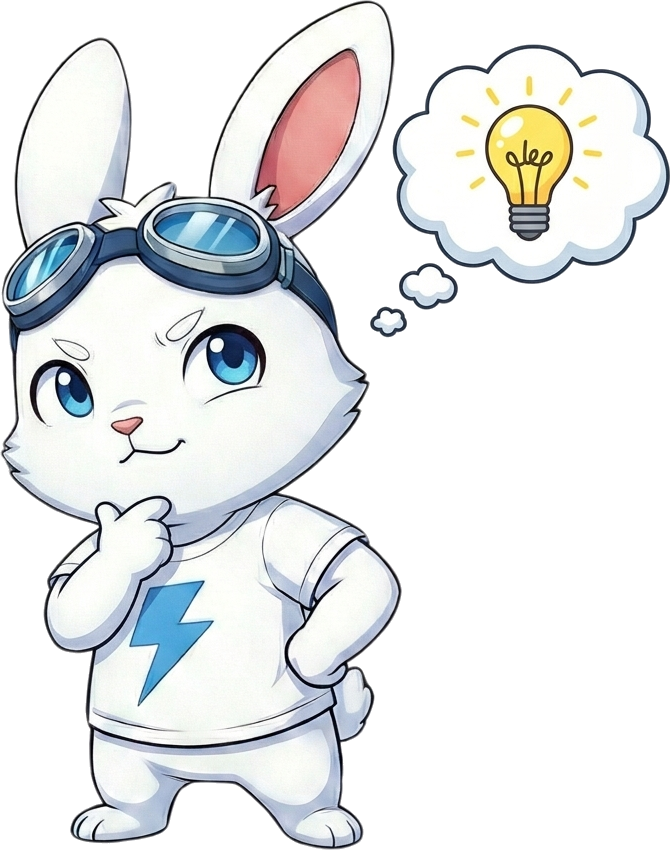 あごに手を当てて考えるラピットくん。予約サービスに置けるタグが限られ、計測の設定を自分たちで考えることになった場面
