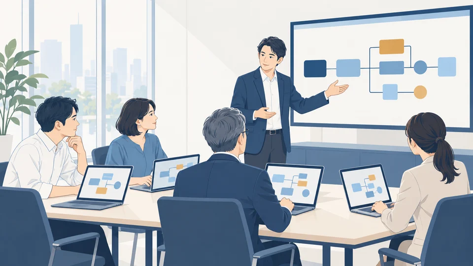 DX-NoCodeBootCamp®:会議室で社員がノートPCを使い、講師の説明を受けながら実習するイメージ